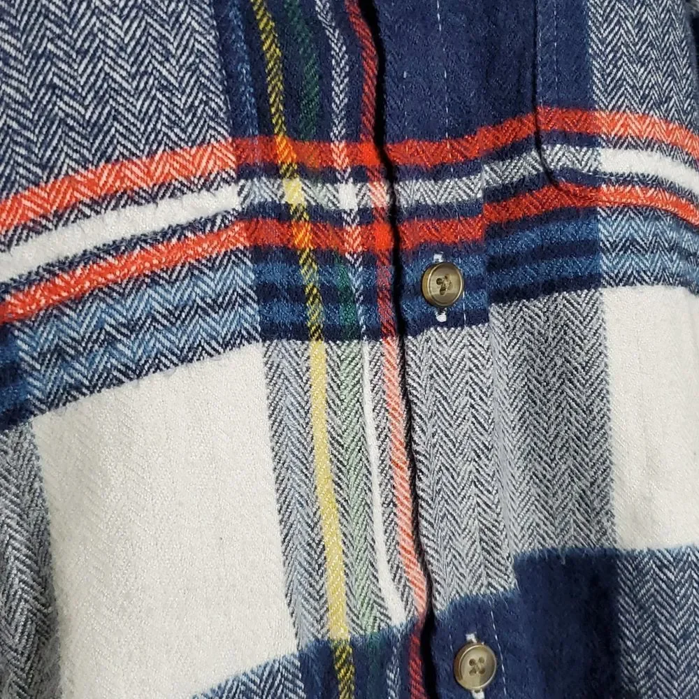 ⭐️2/$30 American Eagle Classic Fit Plaid Flannel Shirt Navy White Orange Size XS